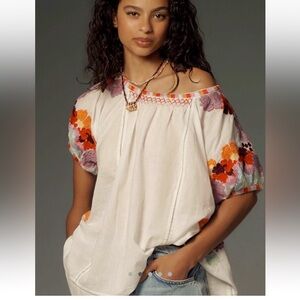 Anthropologie Short Sleeve Embroidered Floral Tunic Top Size Large/XL EUC